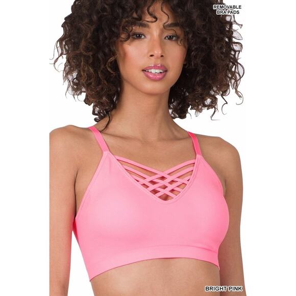 Zenana Outfitters Other - Zenana S/M Bright Pink Front V Lattice Bralette + bra padding adjustable straps